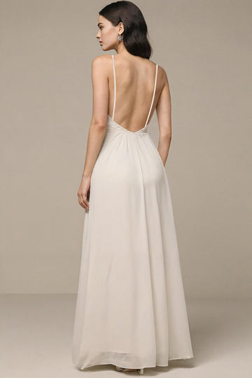 Mousseline de soie ivoire Une ligne spaghetti bretelles Corset Robe de bal longue avec fente